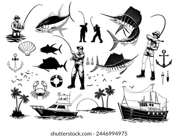 Fishing Set Illustration Hand Drawn Collection in Black and White