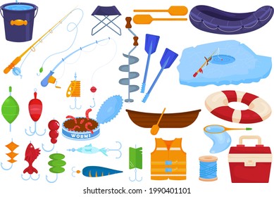 Conjunto de pesquerías, aislado en colección blanca, ilustración vectorial. Equipo para pescar, caña, gancho, barco y caricatura. Herramienta para la naturaleza