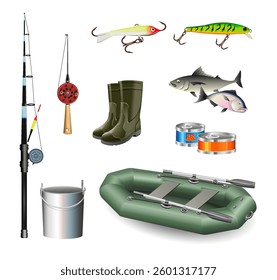 Fishing. Set of items and equipment for fishing on a white background. Vector illustration