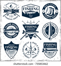 Fishing set of nine vector emblems, labels, badges or logos in vintage style on white background with removable textures