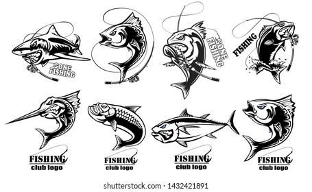Fishing set of ocean fish. Marlin. Sword fish. Piranha. Sea bass. Shark. Tuna. Wahoo.  Marine theme. Ocean fishing background. Logos for fishing club. Fish vector collection. Tuna. Marlin.