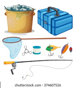 Fishing set with fishing pole and tools illustration