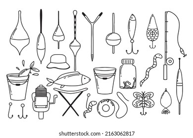 Fishing set. A set of tools for fishing. Doodle style. Vector illustration.Fishing rod, hook, floats.