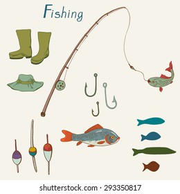 Fishing set. Vector illustration. 