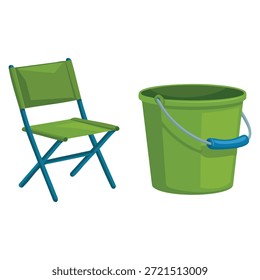 Ilustración vectorial del sistema de la pesca que ofrece el cubo verde, el cubo y la silla convenientes para los diseños temáticos del pescador, al aire libre, de la naturaleza, y de la actividad del ocio