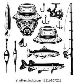 Fishing set of vector objects, design elements in monochrome vintage style isolated on white background. Fisherman head in hat and fishing equipments