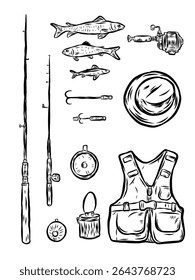 Fishing set of vector objects design elements Fishing Sketch Set hand draw vector
