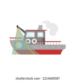 Fishing ship color vector icon. Flat design