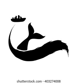 Fishing ship and fish tail or oil spill from tanker. Vector illustration.