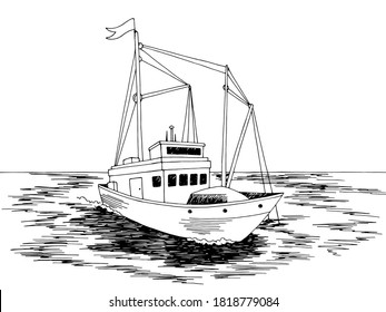 Fishing ship graphic black white sea sketch illustration vector