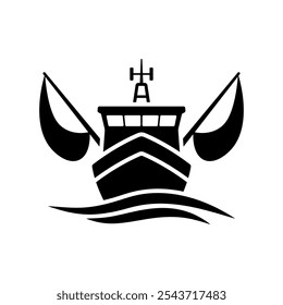 Fishing ship icon. Trawler. Black silhouette. Front view. Vector simple flat graphic illustration. Isolated object on white background. Isolate.