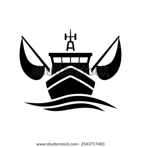 Fishing ship icon. Trawler. Black silhouette. Front view. Vector simple flat graphic illustration. Isolated object on white background. Isolate.