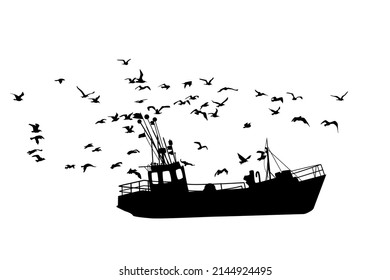 Fishing ship isolated on white background. Fishing boat with many seagulls. Side view of commercial trawler. Industrial seafood production. Black fishing barge icon. Fishermen vessel in ocean. Vector