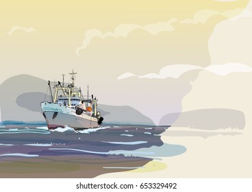 Fishing ship in the sea.Hand drawn colored sketch illustration