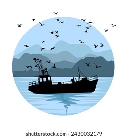 Fishing ship and seascape on circle on white background. Sea shore with mountains and fishermen vessel silhouette.Boat sailing in river or lake at coast.Vessel, hills and coastline.Vector illustration