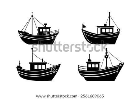 Fishing ship set vector, water boat silhouette.
