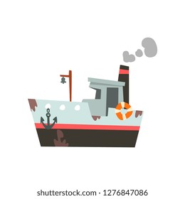 Fishing ship, vessel for industrial seafood production, retro marine ship vector Illustration