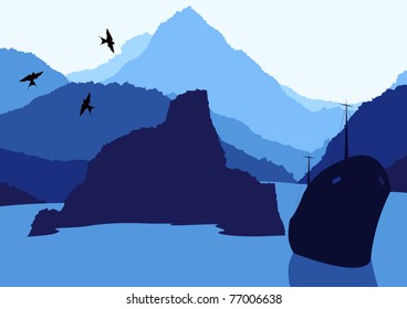 Fishing ship in wild nature landscape illustration