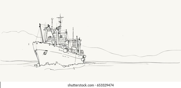 Fishing ship.Hand drawn sketch illustration