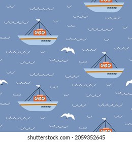 Fishing ships and seagulls seamless pattern. Cartoon hand-drawn childish repeat background. Water transport on blue. Vector kids fabric design or wallpaper.