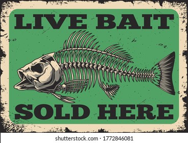 Fishing shop advertising vintage template with perch fish skeleton and inscriptions vector illustration