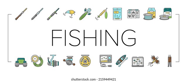 Fishing Shop Products Collection Icons Set Vector. Bait Cast Reel With Monofilament Line And Spinning, Kayak Boat And Weights Fishing Accessories Concept Linear Pictograms. Contour Color Illustrations