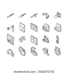 Fishing Shop Products Collection isometric icons set. Bait Cast Reel With Monofilament Line And Spinning, Kayak Boat And Weights Fishing Accessories Concept Linear Pictograms
