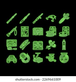 Fishing Shop Products neon light sign vector. Bait Cast Reel With Monofilament Line And Spinning, Kayak Boat And Weights Fishing Accessories Illustrations