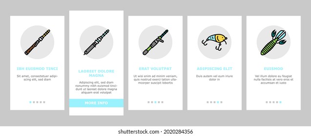 Fishing Shop Products Onboarding Mobile App Page Screen Vector. Bait Cast Reel With Monofilament Line And Spinning, Kayak Boat And Weights Fishing Accessories Illustrations