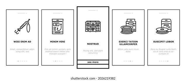 Fishing Shop Products Onboarding Mobile App Page Screen Vector. Bait Cast Reel With Monofilament Line And Spinning, Kayak Boat And Weights Fishing Accessories Illustrations