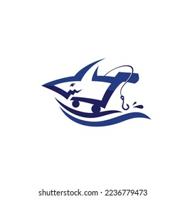 Fishing shopping cart or basket icon logo vector. Aquatic shark trolley design illustration. Apply to online shop application, e-market, e commerce mall for apps, website or brand. Simple flat style