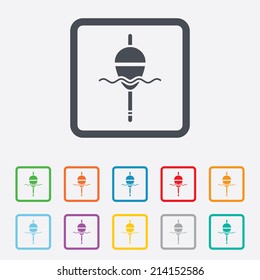 Fishing sign icon. Float bobber symbol. Fishing tackle. Round squares buttons with frame. Vector