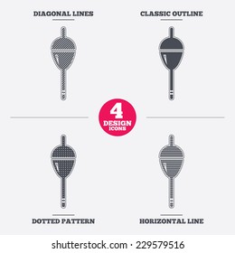 Fishing sign icon. Float bobber symbol. Fishing tackle. Diagonal and horizontal lines, classic outline, dotted texture. Pattern design icons.  Vector
