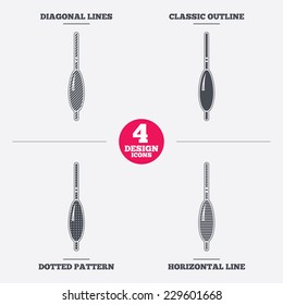 Fishing sign icon. Float bobber symbol. Fishing tackle. Diagonal and horizontal lines, classic outline, dotted texture. Pattern design icons.  Vector