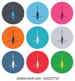 Fishing sign icon. Float bobber symbol. Fishing tackle. Colored round buttons. Flat design circle icons set. Vector