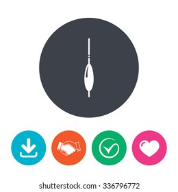 Fishing sign icon. Float bobber symbol. Fishing tackle. Download arrow, handshake, tick and heart. Flat circle buttons.
