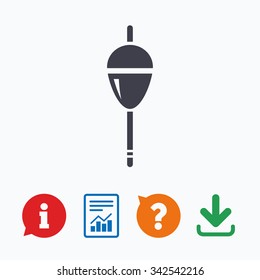Fishing sign icon. Float bobber symbol. Fishing tackle. Information think bubble, question mark, download and report.