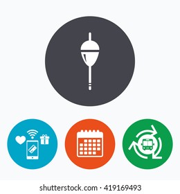 Fishing sign icon. Float bobber symbol. Fishing tackle. Mobile payments, calendar and wifi icons. Bus shuttle.