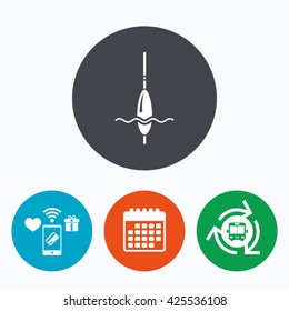 Fishing sign icon. Float bobber symbol. Fishing tackle. Mobile payments, calendar and wifi icons. Bus shuttle.