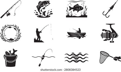 Fishing silhouette icon set including fisherman, fish, fishing rod, hook, reel, boat, landing net, bucket, float, lake, and outdoor adventure elements. Editable vector illustration for logos, branding, and outdoor design projects.