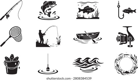 Fishing silhouette icon set including fisherman, fish, fishing rod, hook, reel, boat, landing net, bucket, float, lake, and outdoor adventure elements. Editable vector illustration for logos, branding, and outdoor design projects.
