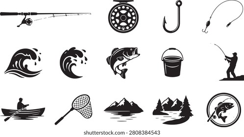 Fishing silhouette icon set including fisherman, fish, fishing rod, hook, reel, boat, landing net, bucket, float, lake, and outdoor adventure elements. Editable vector illustration for logos, branding, and outdoor design projects.