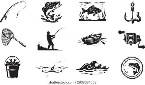 Fishing silhouette icon set including fisherman, fish, fishing rod, hook, reel, boat, landing net, bucket, float, lake, and outdoor adventure elements. Editable vector illustration for logos, branding, and outdoor design projects.