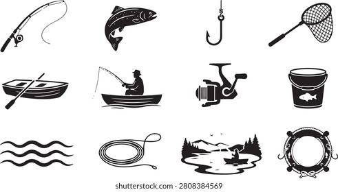 Fishing silhouette icon set including fisherman, fish, fishing rod, hook, reel, boat, landing net, bucket, float, lake, and outdoor adventure elements. Editable vector illustration for logos, branding, and outdoor design projects.