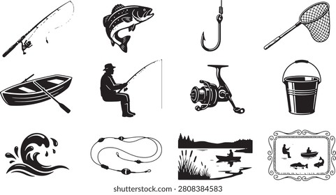 Fishing silhouette icon set including fisherman, fish, fishing rod, hook, reel, boat, landing net, bucket, float, lake, and outdoor adventure elements. Editable vector illustration for logos, branding, and outdoor design projects.