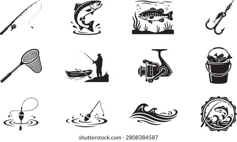Fishing silhouette icon set including fisherman, fish, fishing rod, hook, reel, boat, landing net, bucket, float, lake, and outdoor adventure elements. Editable vector illustration for logos, branding, and outdoor design projects.