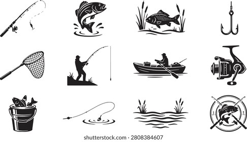 Fishing silhouette icon set including fisherman, fish, fishing rod, hook, reel, boat, landing net, bucket, float, lake, and outdoor adventure elements. Editable vector illustration for logos, branding, and outdoor design projects.