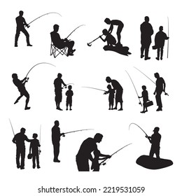 Fishing silhouette, Fishing man silhouette set, Fishing man vector