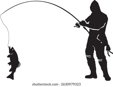 Fishing silhouette with fishing rod and fish, perfect for photo or sticker