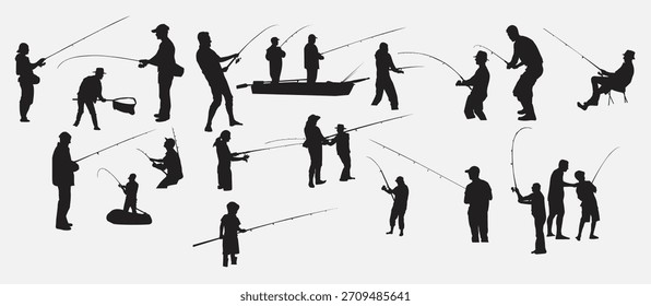 Conjunto de silueta de pesca Ilustración vectorial